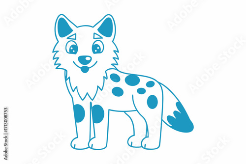 Cartoon blue spotted hyena illustration standing cheerfully with its tongue slightly visible on white