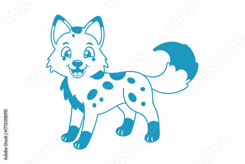 Cartoon dingo is smiling showing his teeth and fur with blue spots all over