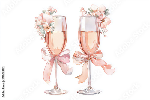 Hand drawn watercolor champagne glasses, decorated with ribbons and flowers, soft pastel tones, romantic and elegant, isolated on white background