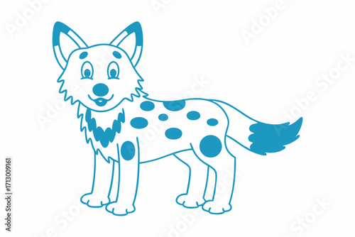 Cartoon dingo outlined in blue with striking circular spots stands confidently on a white background