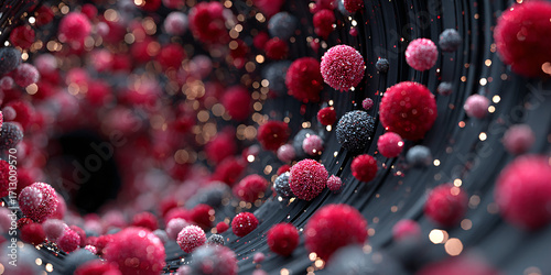 3d render of a black wireframe with red and grey spheres, many tiny pink particles flying around, bokeh lights in the background