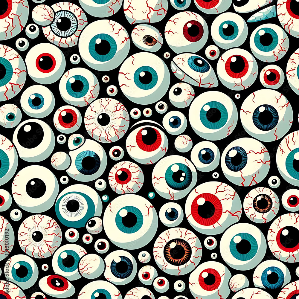 Fototapeta premium Eyeball Repeat Pattern in Cartoonish Horror Style with Vibrant Irises
