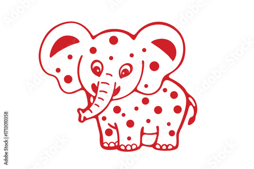 Cartoon elephant character adorned with red spots playfully stands against a plain white background