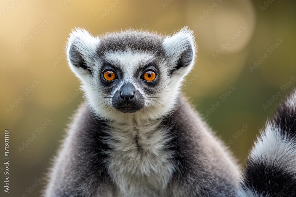 Obraz premium Close-up shot of an adorable ring-tailed lemur against a softly blurred backdrop with room for text.