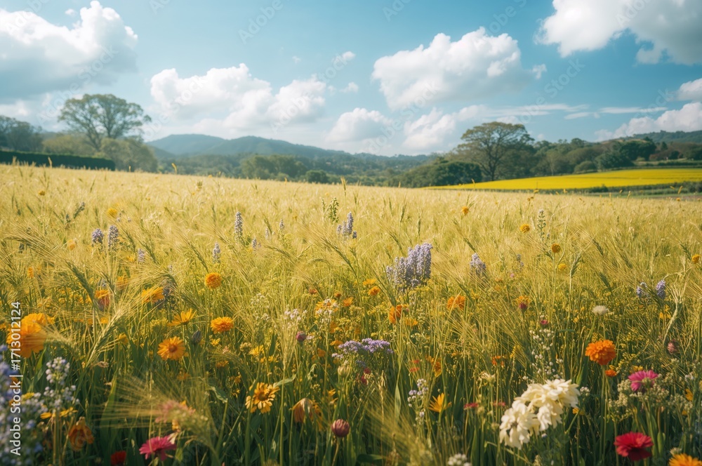 Fototapeta premium Golden barley stretching across a vibrant countryside under a clear blue sky