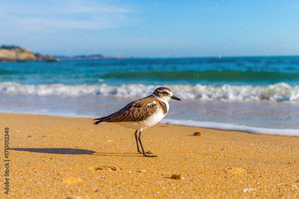 Fototapeta premium Adorable Plover Bird by the Ocean with Sandy Beach Scenery