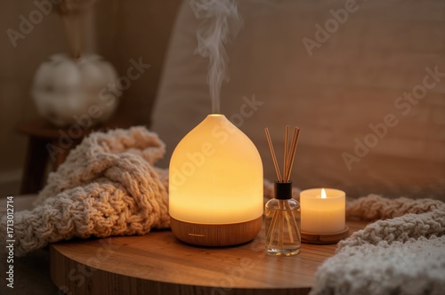 Scented oil diffuser with stick fragrance, knitted detail, and candle light
