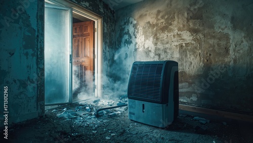 A specialized dehumidifier operates in a mold-infested room following water damage.