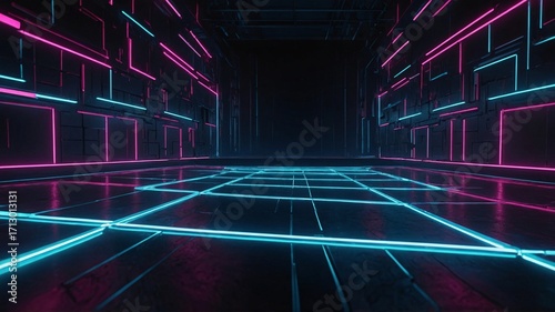 A futuristic, neon-lit room featuring a grid of blue and pink lights, creating an immersive atmosphere.