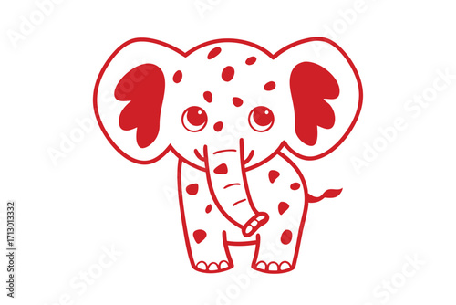 Cartoon elephant with red spots happily stands on white background in clean design