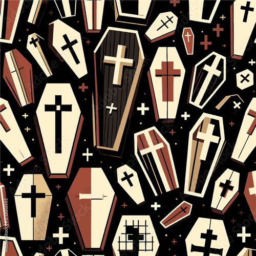 Repetitive Coffin Design in Beige and Dark Red with Gothic Symbolism