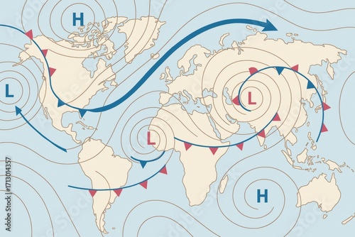 World map with high and low-pressure systems, jet streams, and isobar lines in flat graphic style on blue background, concept of meteorology