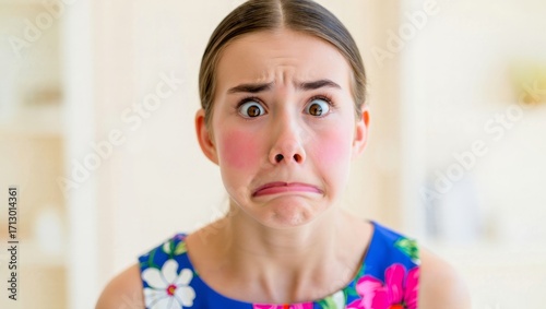 Young woman showing an embarrassed and blushing expression, feeling shame or awkwardness, reacting with a shocked facial gesture to a surprising event