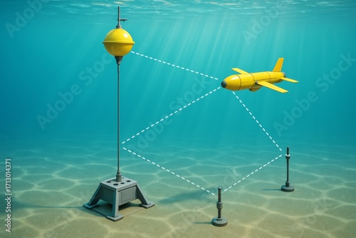 Yellow underwater drone navigating using sonar signals from buoy and seabed sensors, digital art style, under ocean background, concept of marine technology