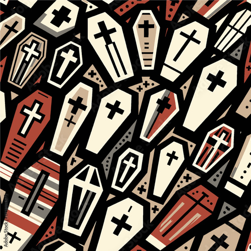 Cubist-Inspired Coffin Design in Red, Beige, and Gray