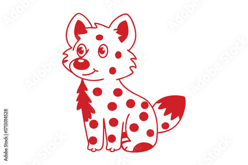 Cartoon hyena with red spots is happily sitting and looking off to the side