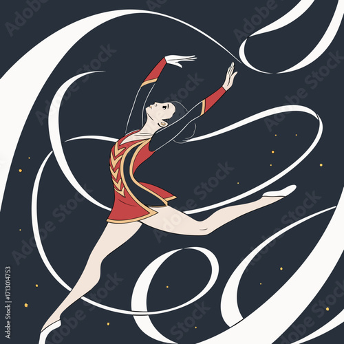 Graceful rhythmic gymnast in mid leap with flowing ribbon