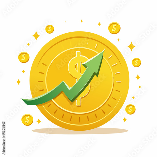 Financial Growth Concept: Golden Coin with Ascending Green Arrow Illustrating Investment Success