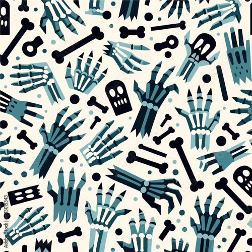 Whimsical Skeletal Elements in Teal and Black on Beige Background