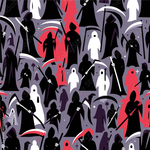 Stylized Grim Reapers with Scythes on Muted Purple Background