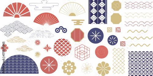 Collection of japanese traditional patterns and motifs in red gold and blue on white background