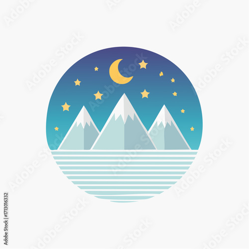 Geometric landscape illustration featuring mountains, night sky, and celestial elements in a circular frame