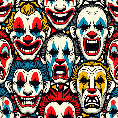Exaggerated Clown Faces in Unsettling Colorful Pattern with Copy Space