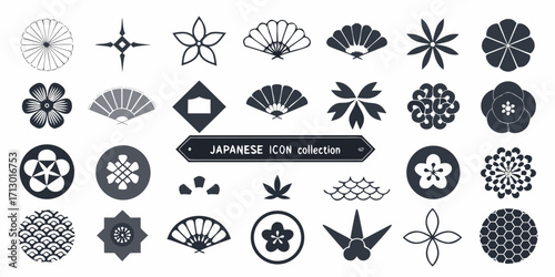Collection of traditional japanese icons and symbols in various dark gray and black designs
