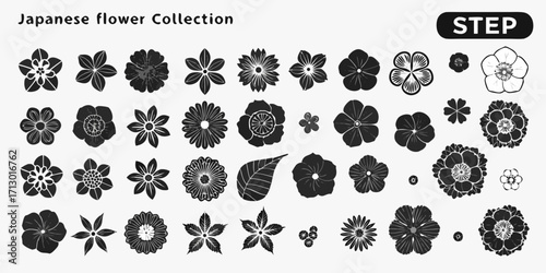 Collection of diverse black and white japanese floral illustrations and motifs