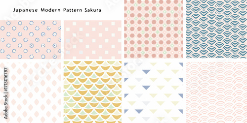 Collection of japanese modern geometric patterns and sakura inspired designs in soft pastel colors