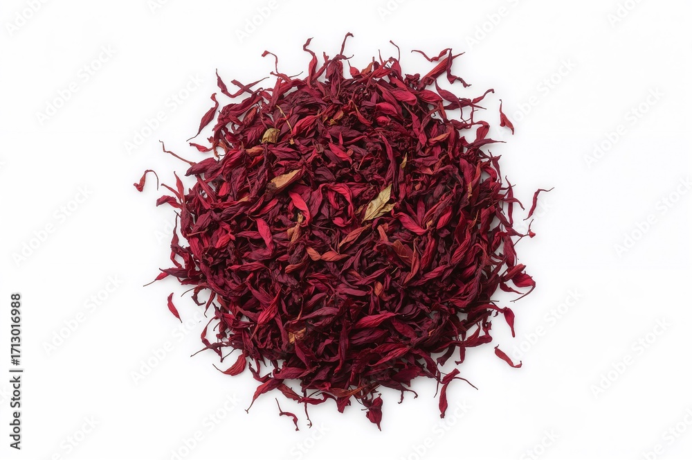 Naklejka premium Dried red Hibiscus tea leaves arranged in a heap, top-down view on a white surface.