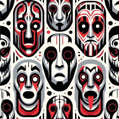 Stylized White and Grey Masks with Red and Black Accents in Modern Gothic Design