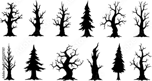 A collection of twelve black silhouette spooky trees on a white background for halloween designs vector art
