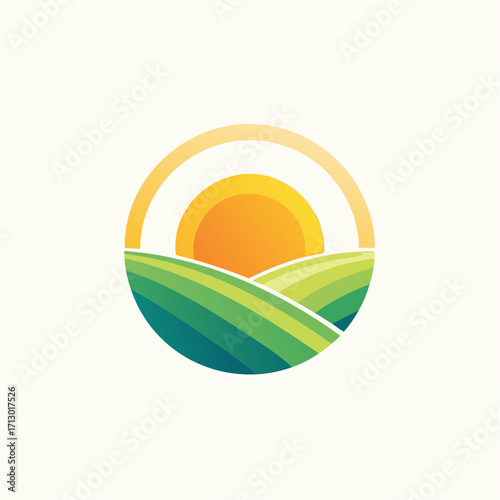 Harmonious Landscape Depiction: A Circular Emblem of Rolling Hills and Sunrise