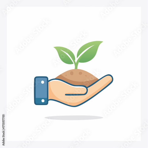 Iconic hand presenting a sprouting plant, symbolizing growth and sustainability in an illustrated style