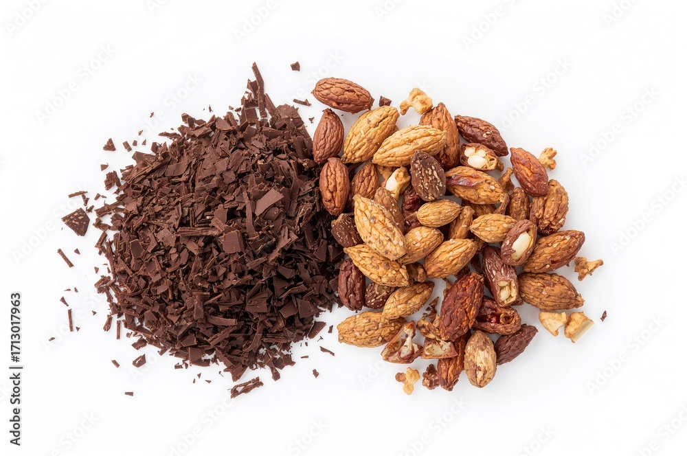 Obraz premium Chopped nuts and grated cocoa pieces on a white surface