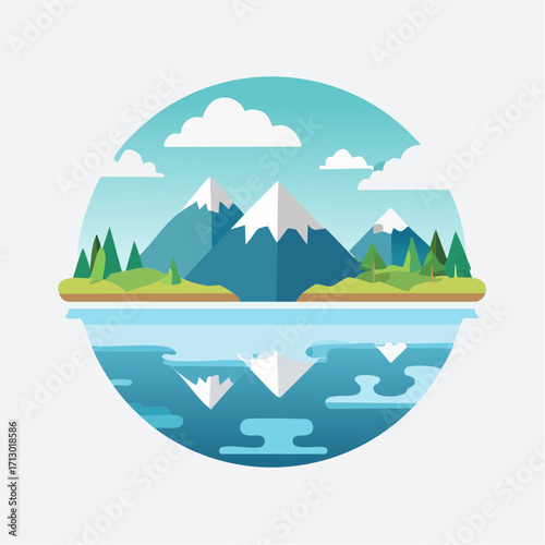 Illustrated Landscape: Mountain Peaks, Trees, Water, and Clouds in a Geometric Composition