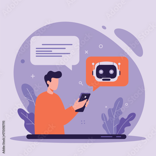 Person interacting with ai chatbot on mobile device concept modern flat illustration