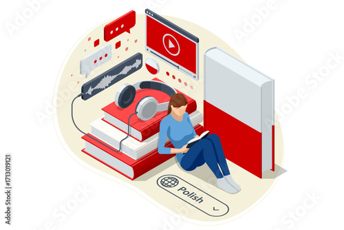 Polish, Poland. Isometric person learning a foreign language with a virtual assistant on a tablet, showcasing modern digital education. Modern AI assistant for education, e-learning