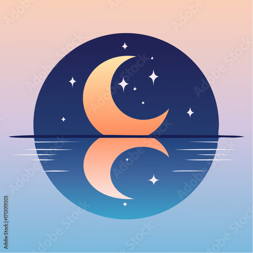 Illustration depicting a crescent moon reflecting in tranquil water with a starry background