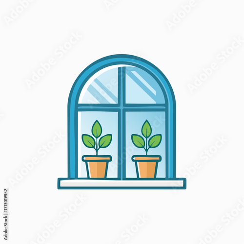 Illustration of a blue arched window featuring potted plants with a sunny background