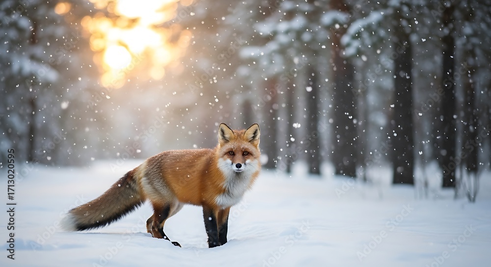 Fototapeta premium Winter Fox in Snowy Forest.