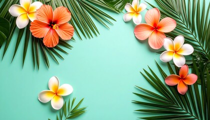 Tropical flowers and leaves border