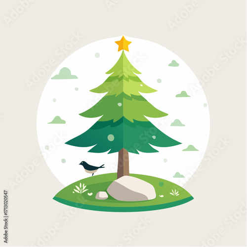 Illustration of a Christmas Tree, Bird, and Landscape, Festive Season Design