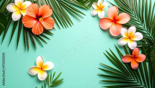 Tropical flowers and leaves border