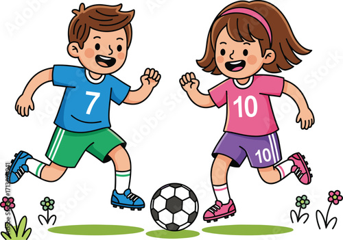 Boy and girl playing soccer together, children running with football, cartoon illustration for kids sports, active lifestyle, outdoor fun