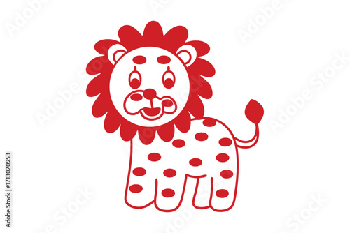 Cartoon red lion stands with patterned body and fluffy mane on white
