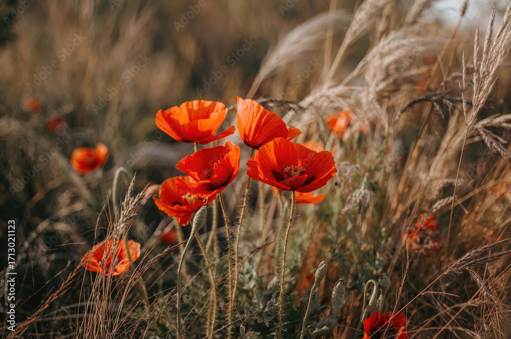 Fototapeta premium Bright scarlet poppies thrive in a garden patch during a breezy afternoon.