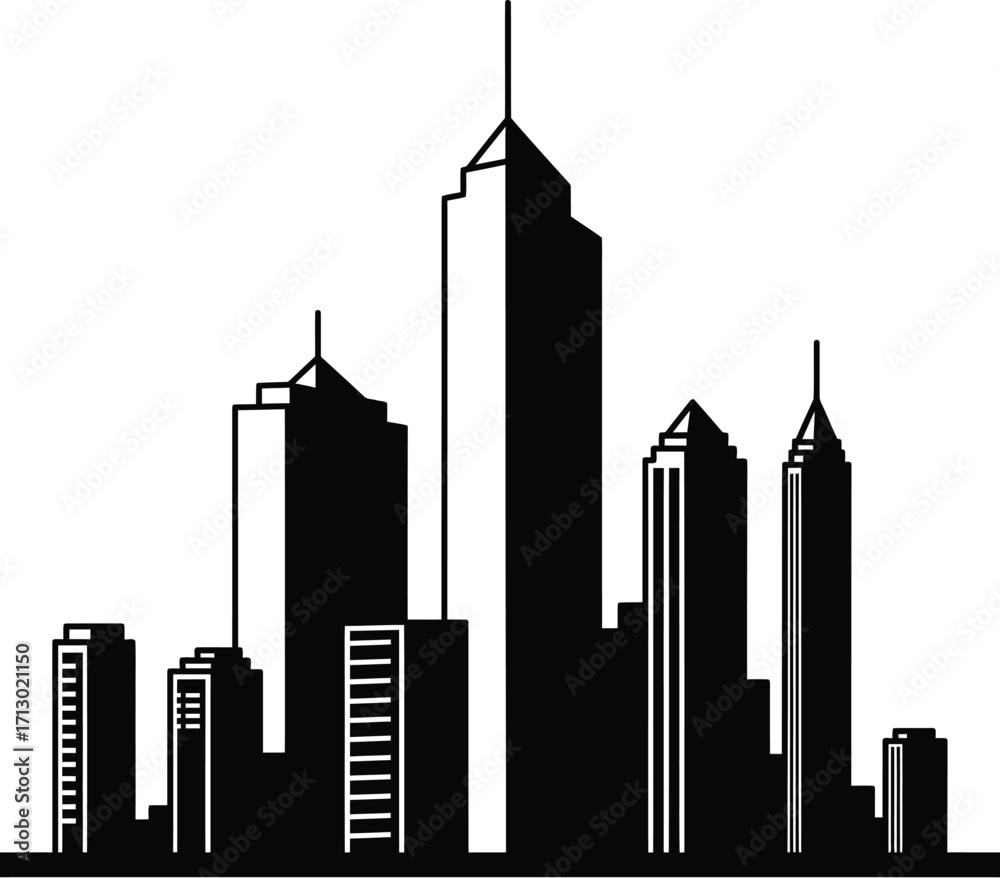 Obraz premium Black silhouette of a modern city skyline with buildings and towers isolated on white