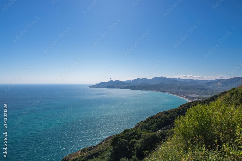 Fototapeta premium Ocean vista from the mountain peak in a coastal region